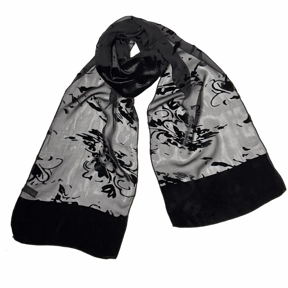 Saldarini Black Burnout Velvet Scarf Rayon Silk Blend Abstract Print Italy